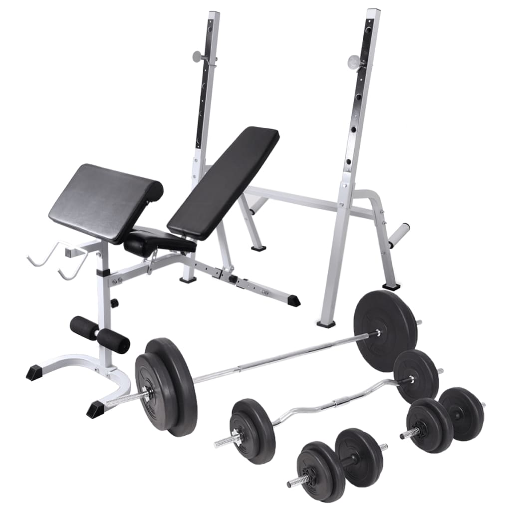 Treningsbenk med vektstativ, vektstang og manualsett 90kg