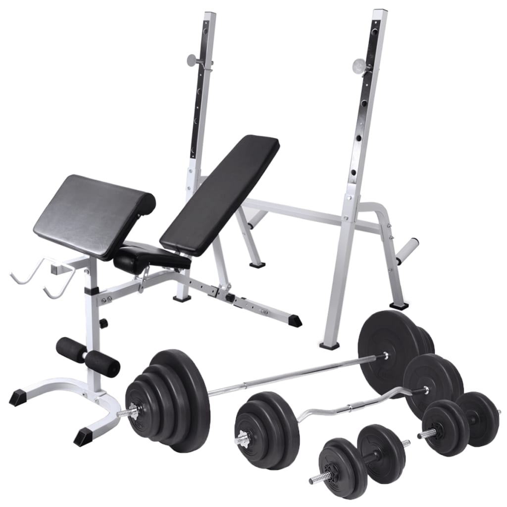 Treningsbenk med vektstativ, vektstang og manualsett 120 kg