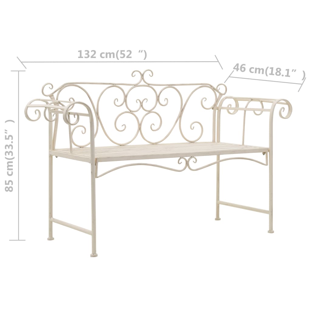 Hagebenk 132 cm metall antikk hvit