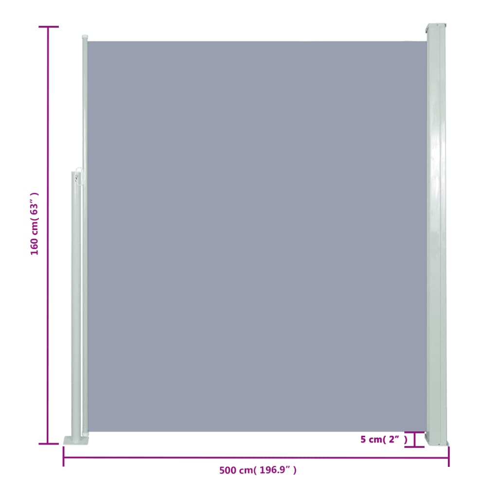 Uttrekkbar sidemarkise 160 x 500 cm grå