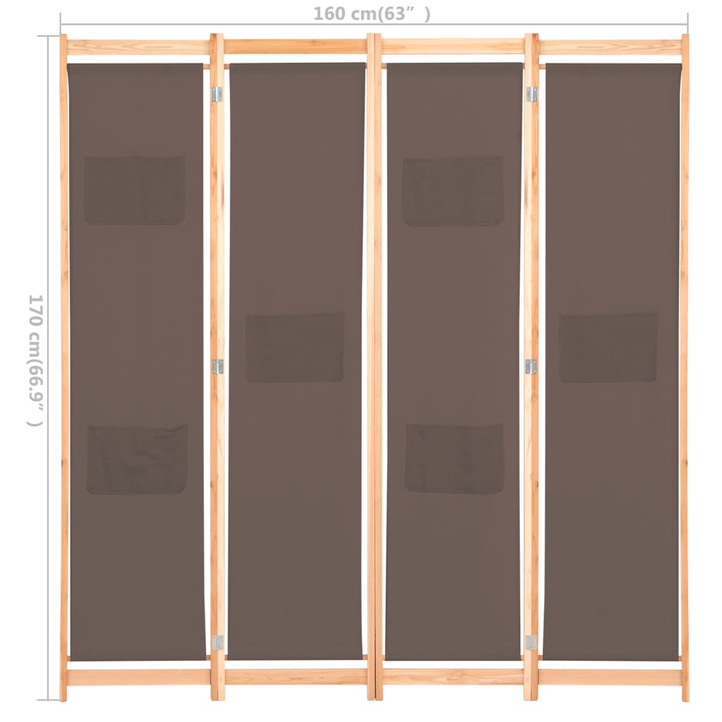 Romdeler 4 paneler brun 160x170x4 cm stoff