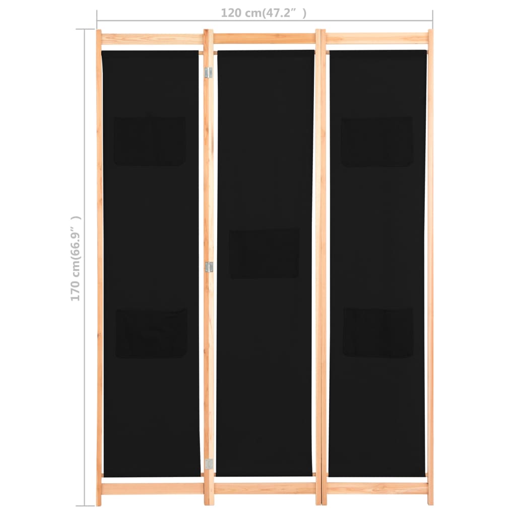 Romdeler 3 paneler svart 120x170x4 cm stoff