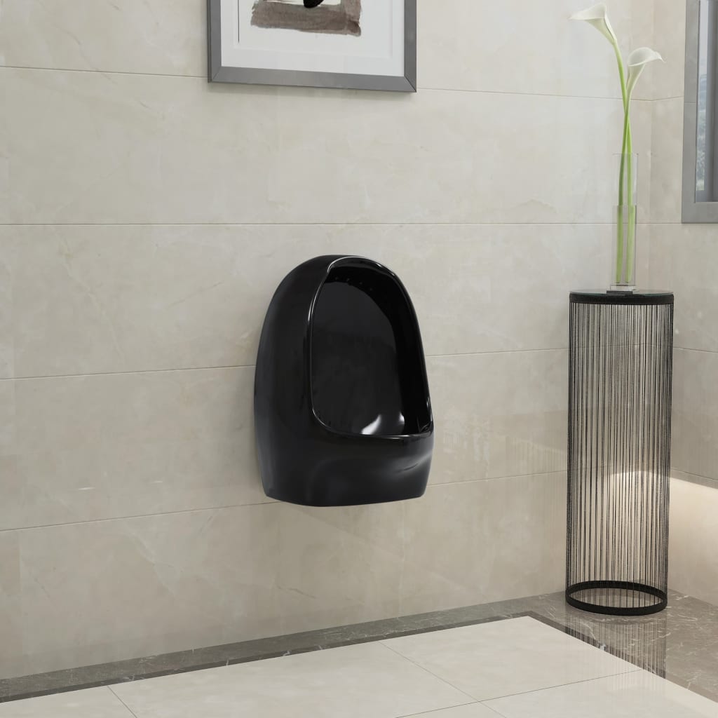Vegghengt urinal med spyleventil keramisk svart