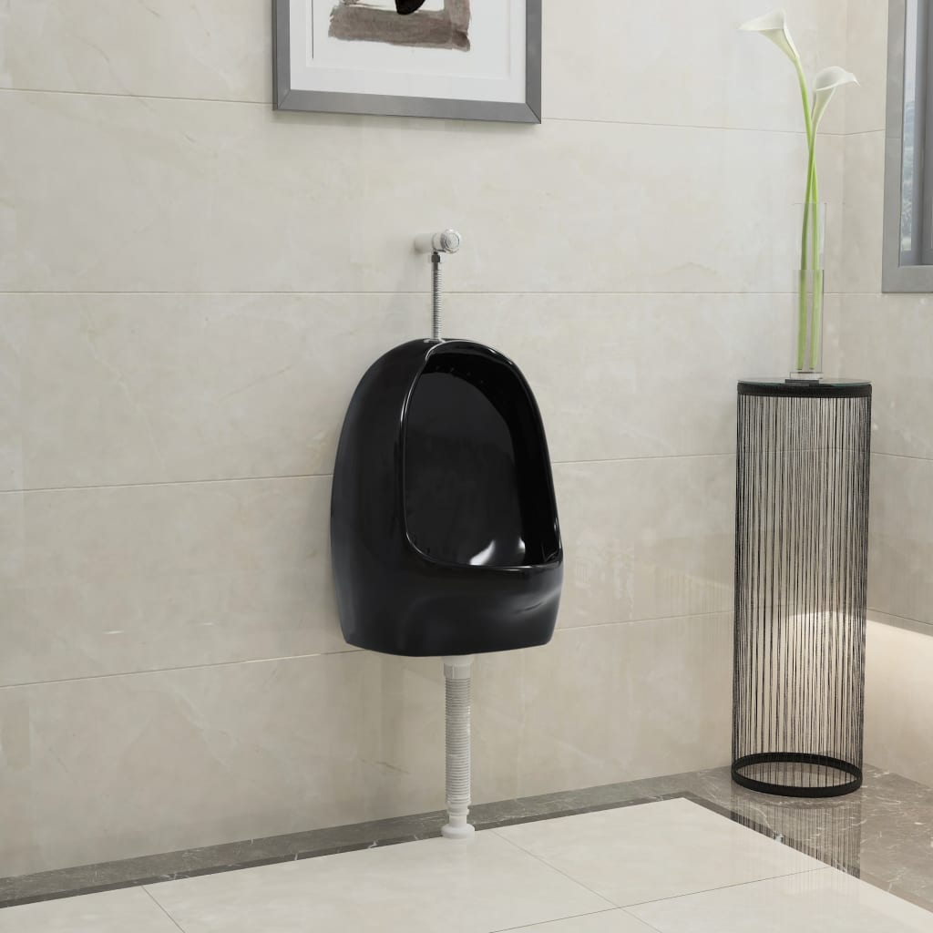 Vegghengt urinal med spyleventil keramisk svart