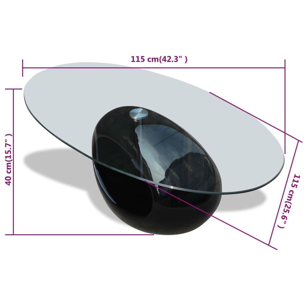 Salongbord med oval glassflate høyglans svart