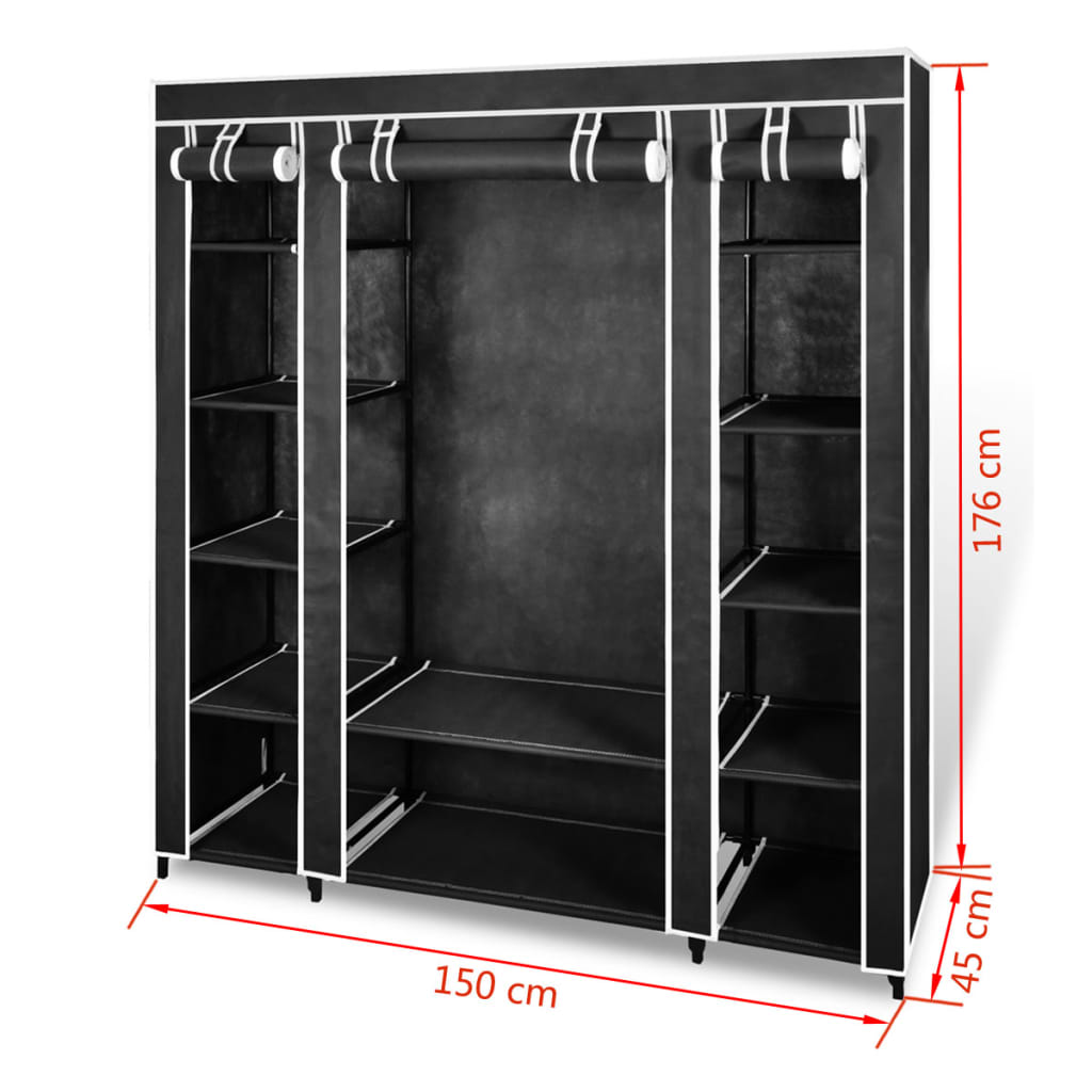 Garderobeskap med hyller og stenger 45x150x176 cm svart stoff