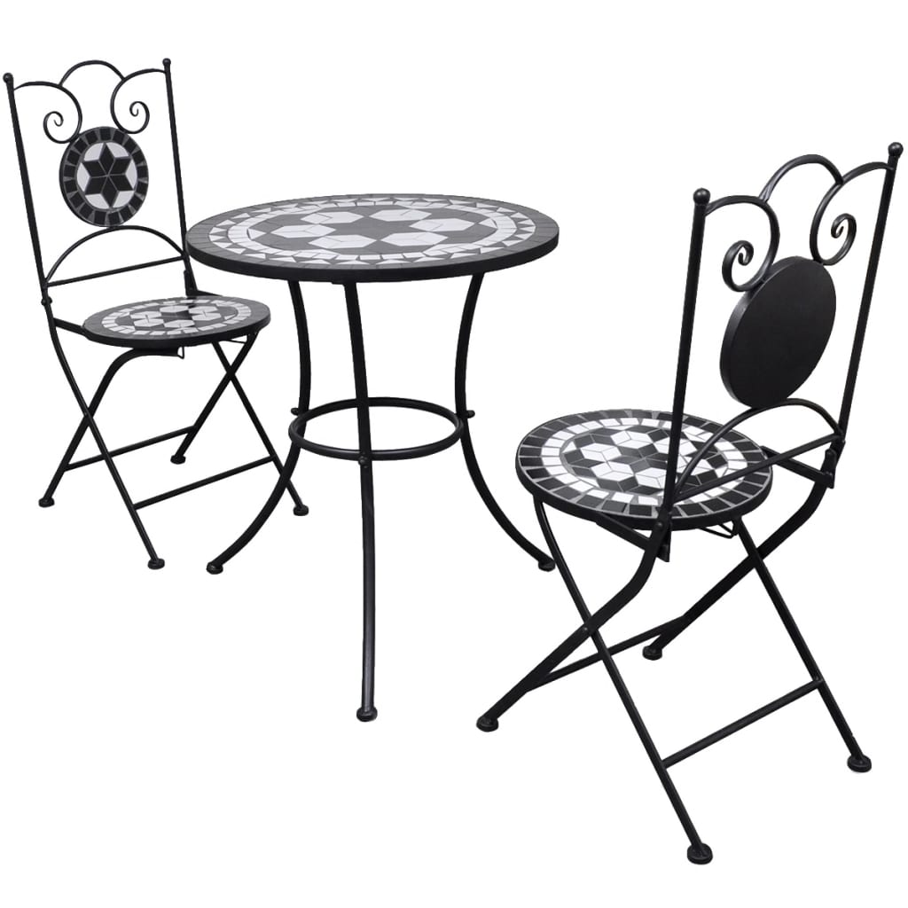 Bistrosett med keramikkfliser 3 deler svart og hvit