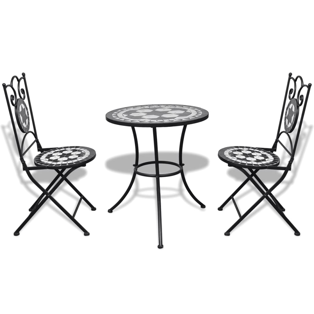 Bistrosett med keramikkfliser 3 deler svart og hvit