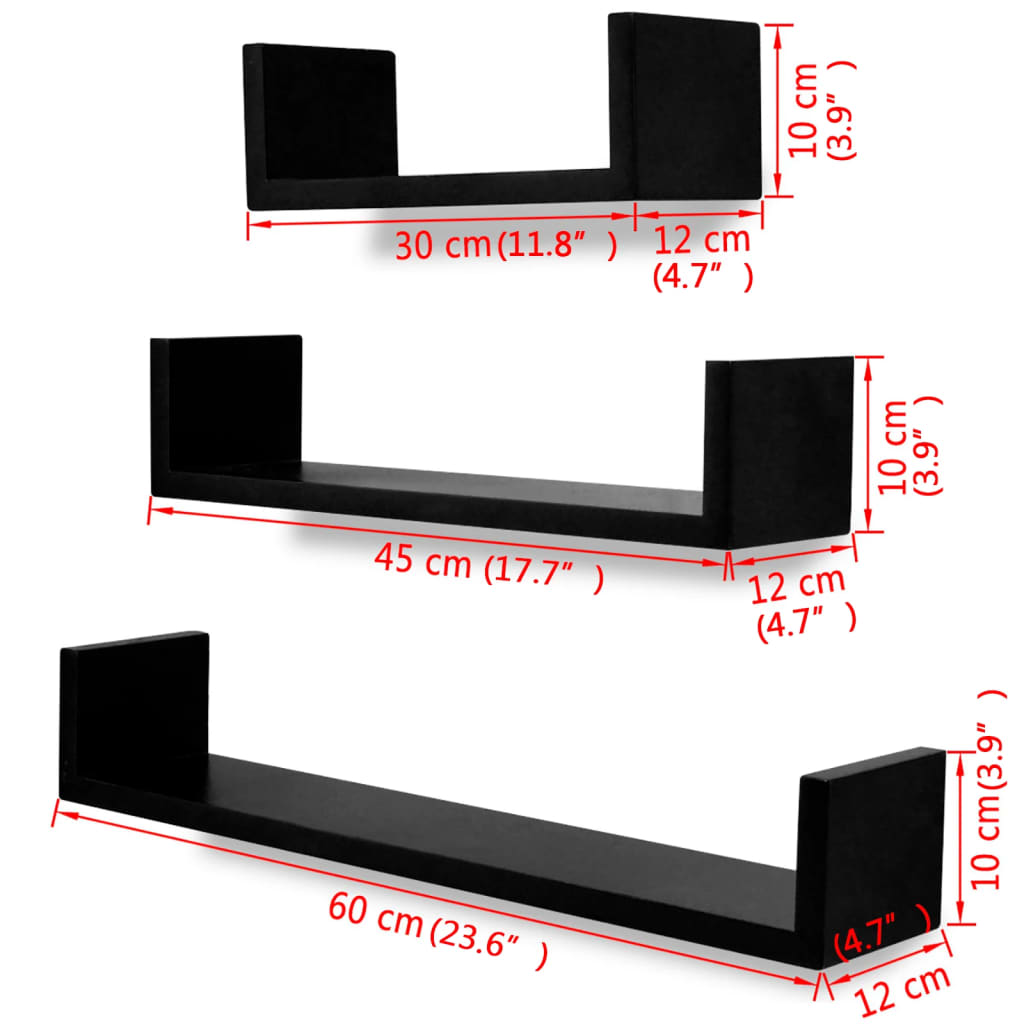 Vegghyller 3 stk MDF U-formet svart