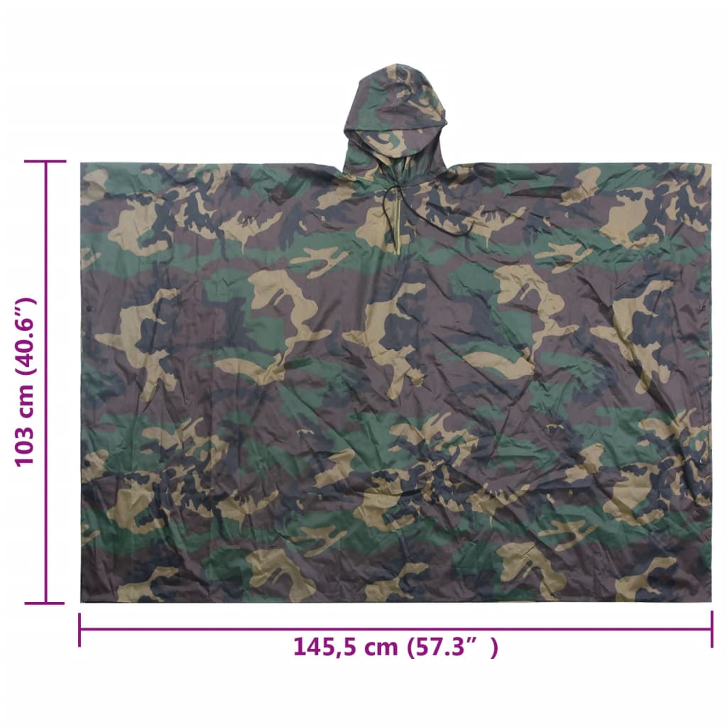 Vanntett militær regnponcho for camping/fotturer, kamuflasje
