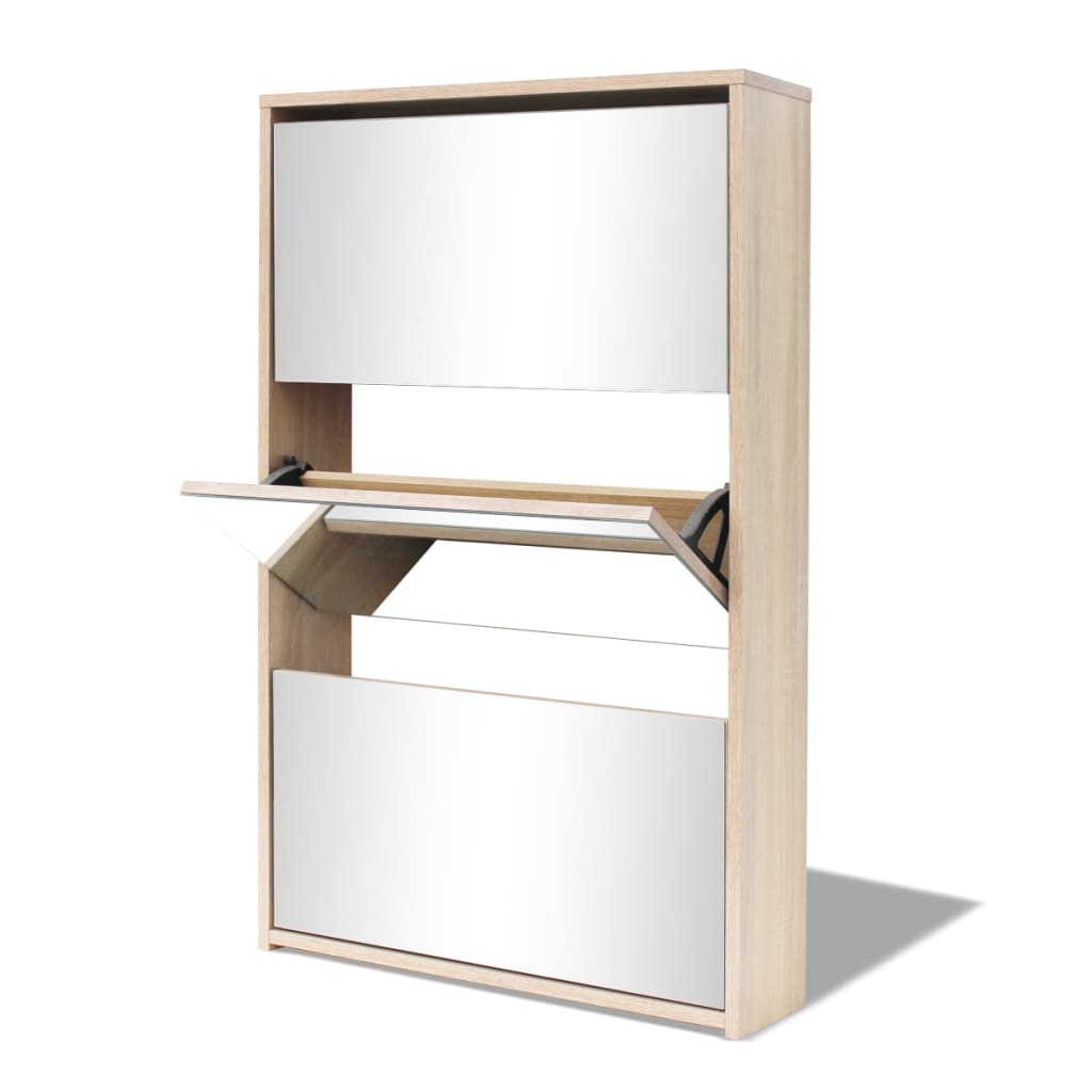 Skoskap 3 høyder speil eik 63x17x102,5 cm