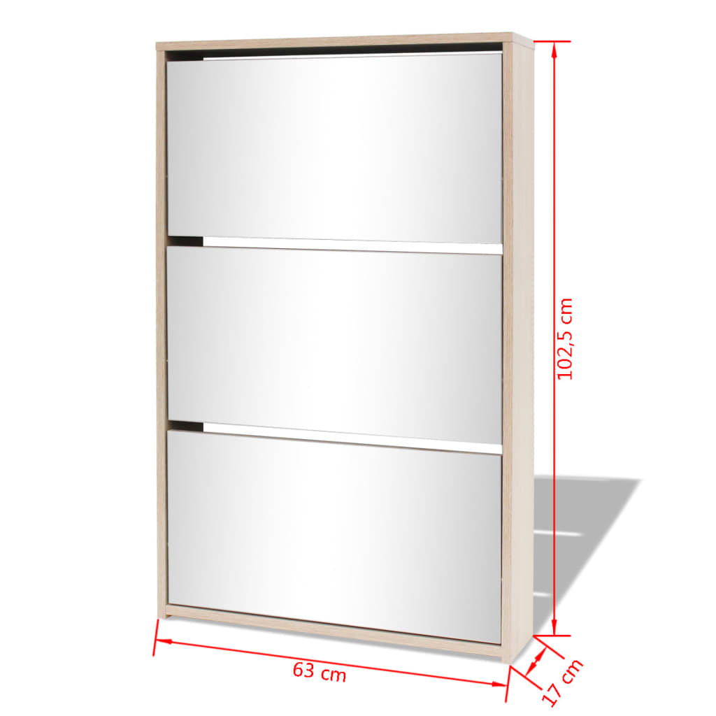 Skoskap 3 høyder speil eik 63x17x102,5 cm