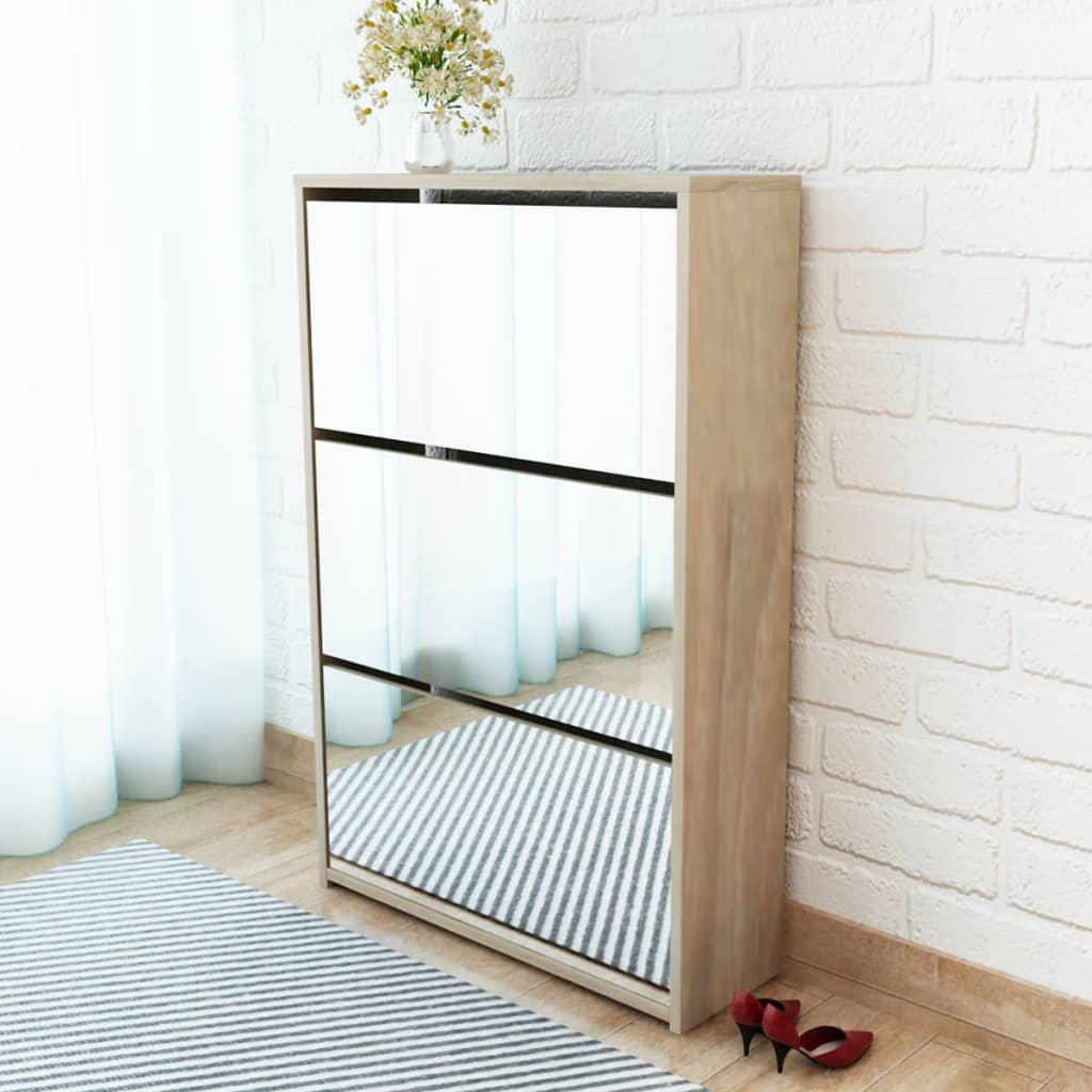 Skoskap 3 høyder speil eik 63x17x102,5 cm