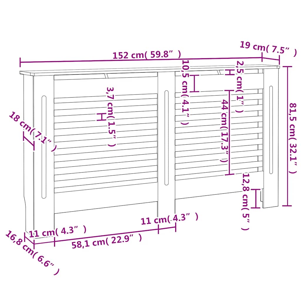 Radiatordeksel hvit 152x19x81,5 cm MDF vidaXL