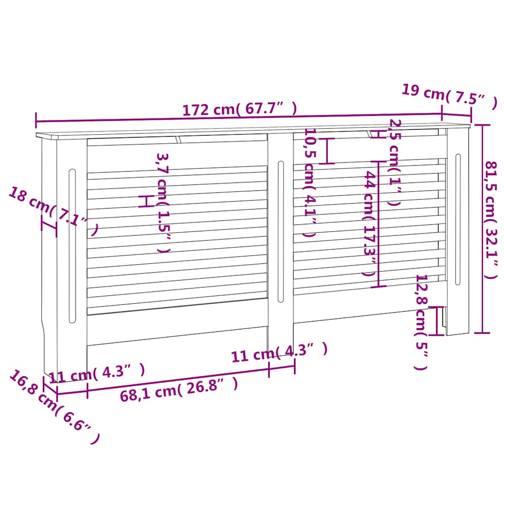 Radiatordeksel hvit 172x19x81,5 cm MDF