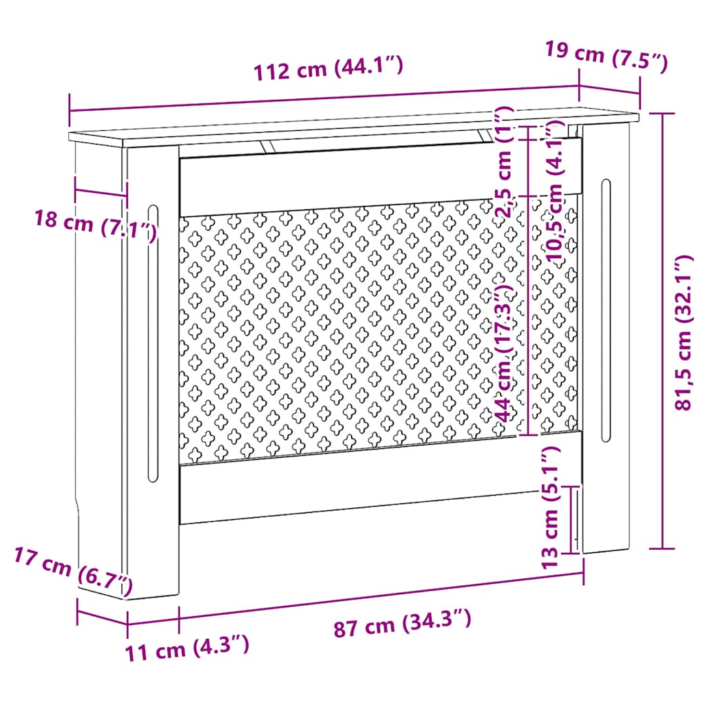 Radiatordeksel hvit 112x19x81,5 cm MDF