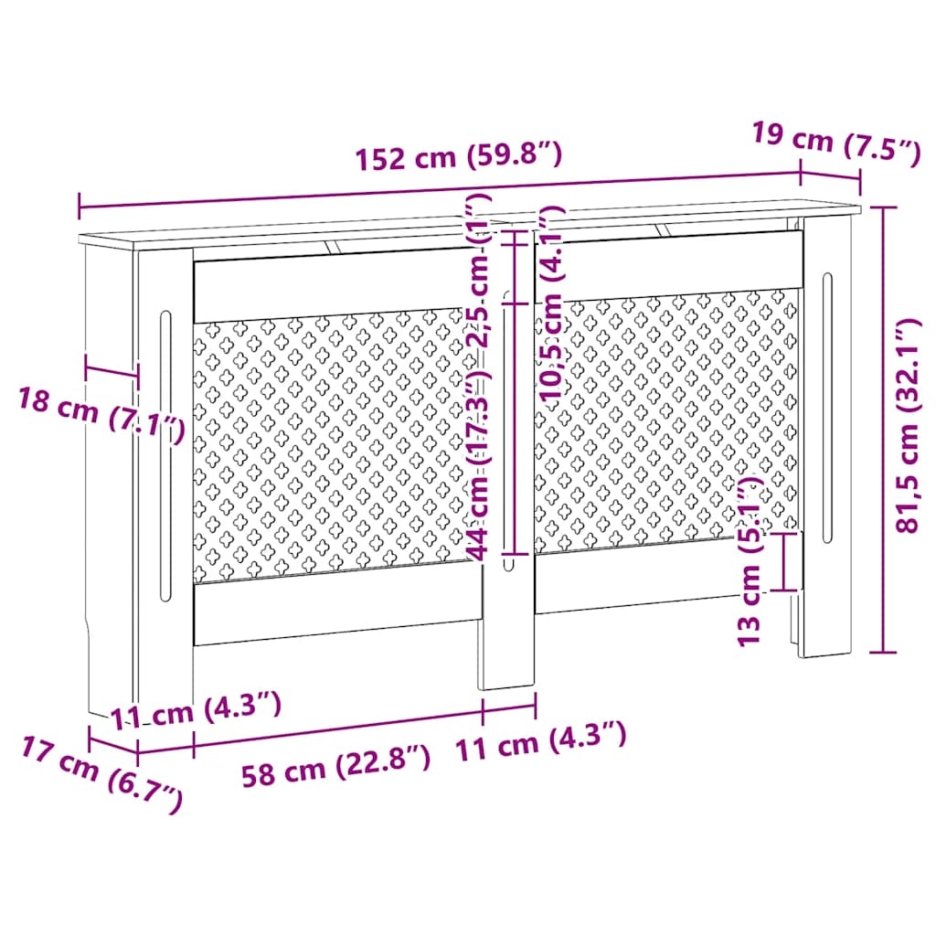 Radiatordeksel hvit 152x19x81,5 cm MDF vidaXL