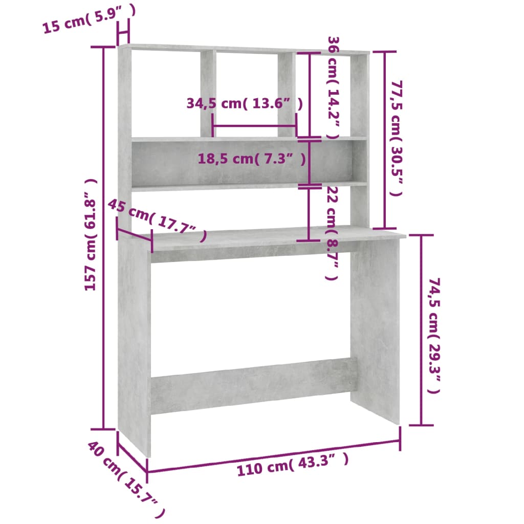 Skrivebord med hyller betonggrå 110x45x157 cm sponplate vidaXL