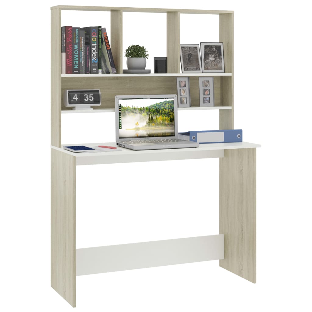 Skrivebord med hyller hvit og sonoma eik 110x45x157cm sponplate