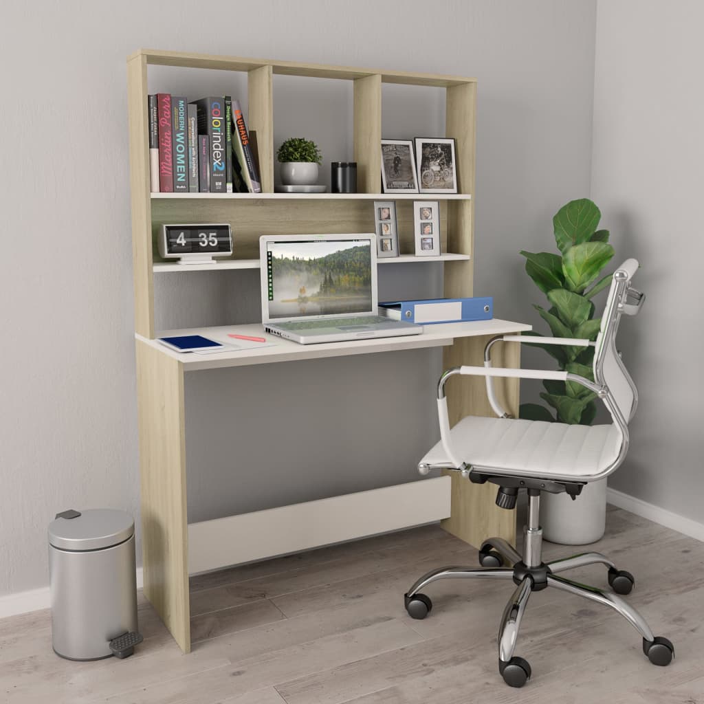Skrivebord med hyller hvit og sonoma eik 110x45x157cm sponplate
