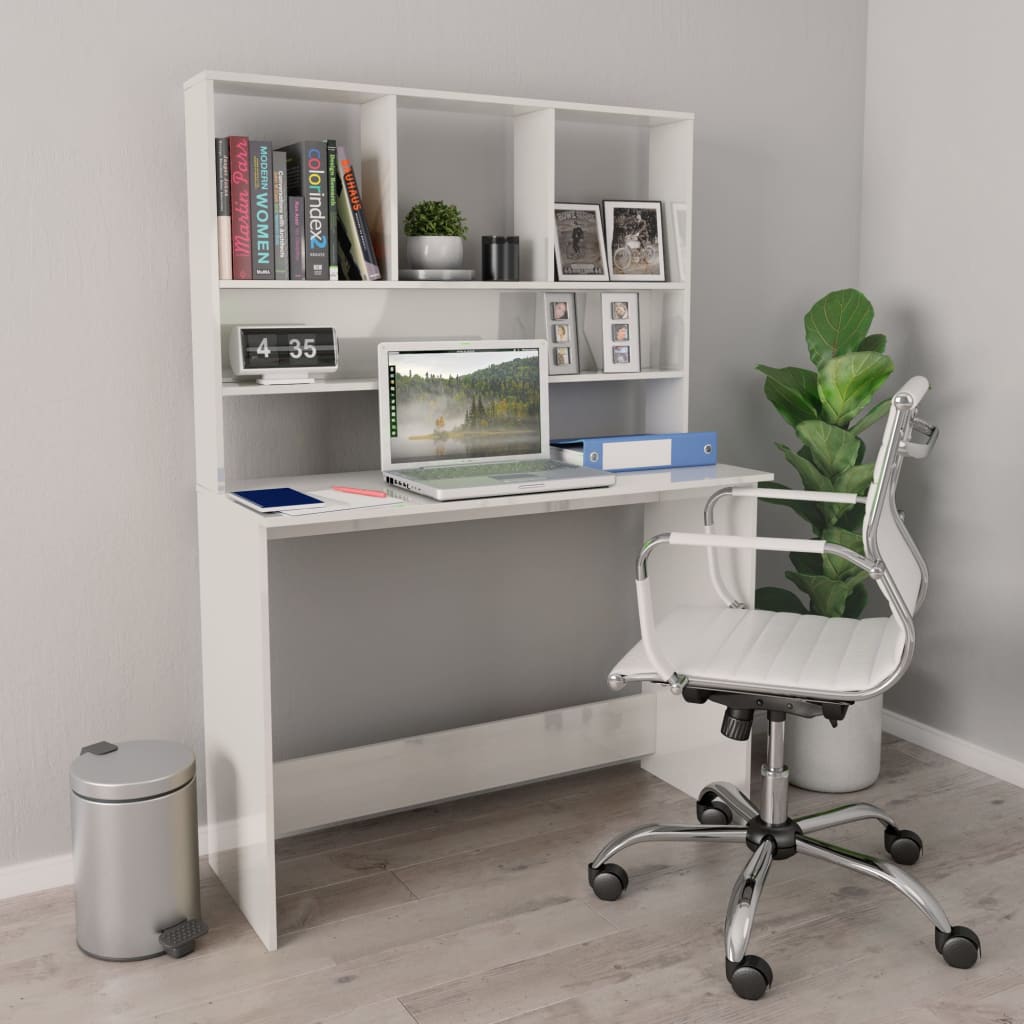 Skrivebord med hyller høyglans hvit 110x45x157 cm sponplate