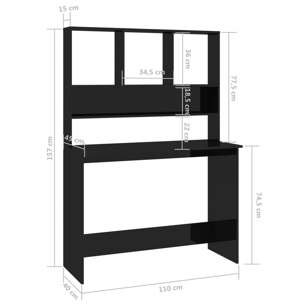Skrivebord med hyller høyglans svart 110x45x157 cm sponplate vidaXL