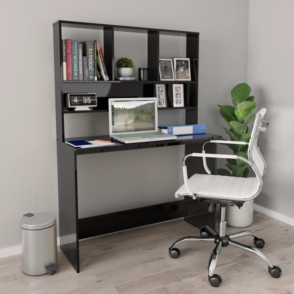 Skrivebord med hyller høyglans svart 110x45x157 cm sponplate vidaXL