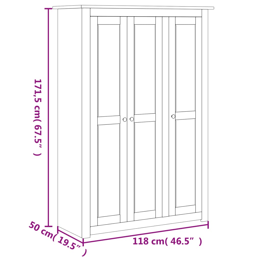 Garderobeskap 3 dører hvit 118x50x171,5 cm furu Panama Range