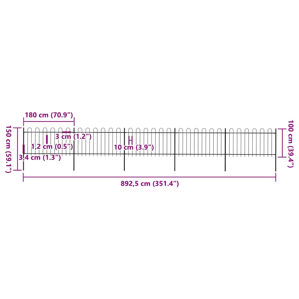 Hagegjerde med bøyleplate stål 892,5x100 cm svart