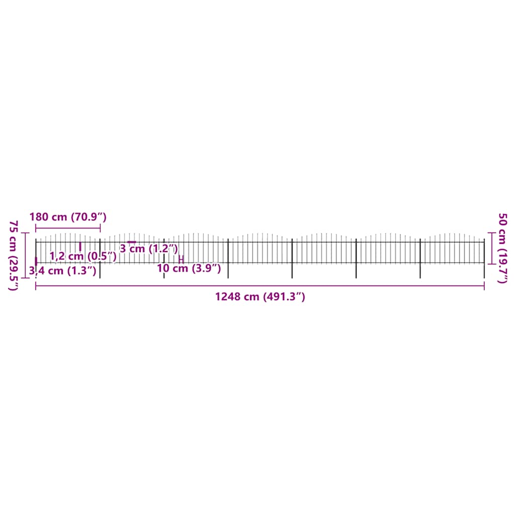 Hagegjerde med spydtopp stål (0,5-0,75)x11,9 m svart
