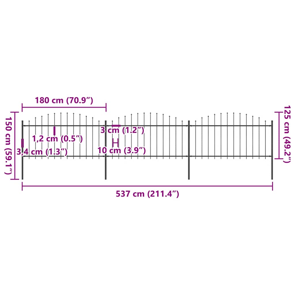 Hagegjerde med spydtopp stål 537x150 cm svart