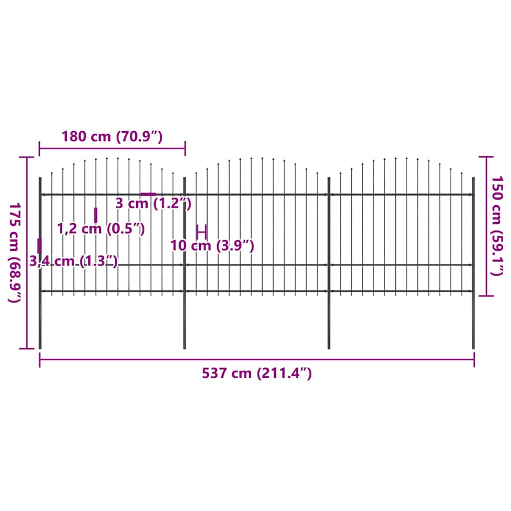 Hagegjerde med spydtopp stål 537x175 cm svart