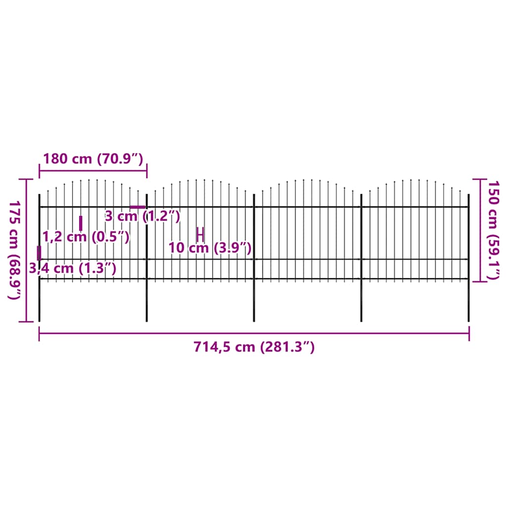Hagegjerde med spydtopp stål 714,5x175 cm svart