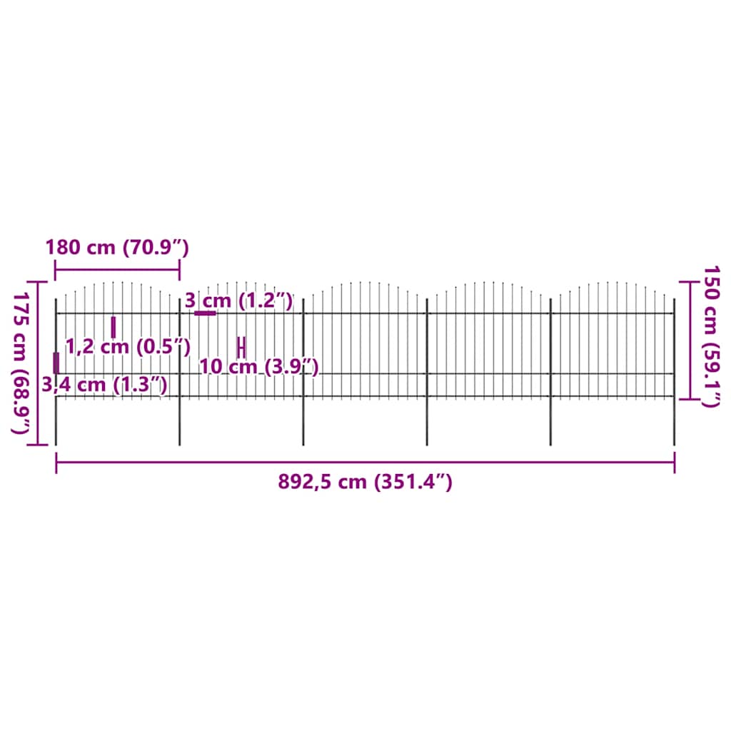 Hagegjerde med spydtopp stål 892,5x175 cm svart