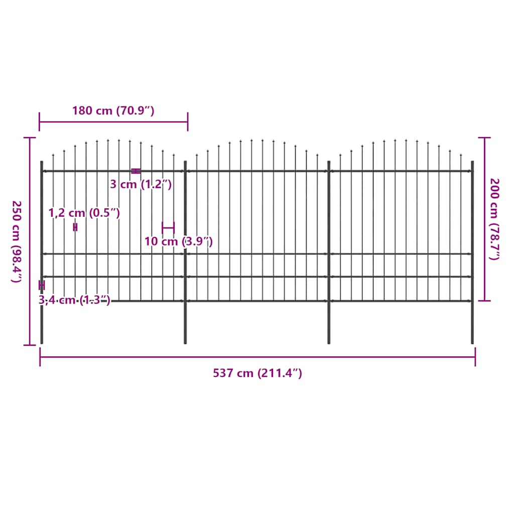 Hagegjerde med spydtopp stål 537x200 cm svart
