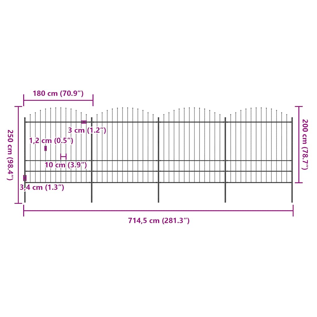 Hagegjerde med spydtopp stål 714,5x200 cm svart