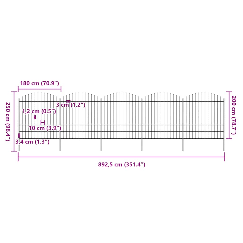 Hagegjerde med spydtopp stål 892,5x200 cm svart
