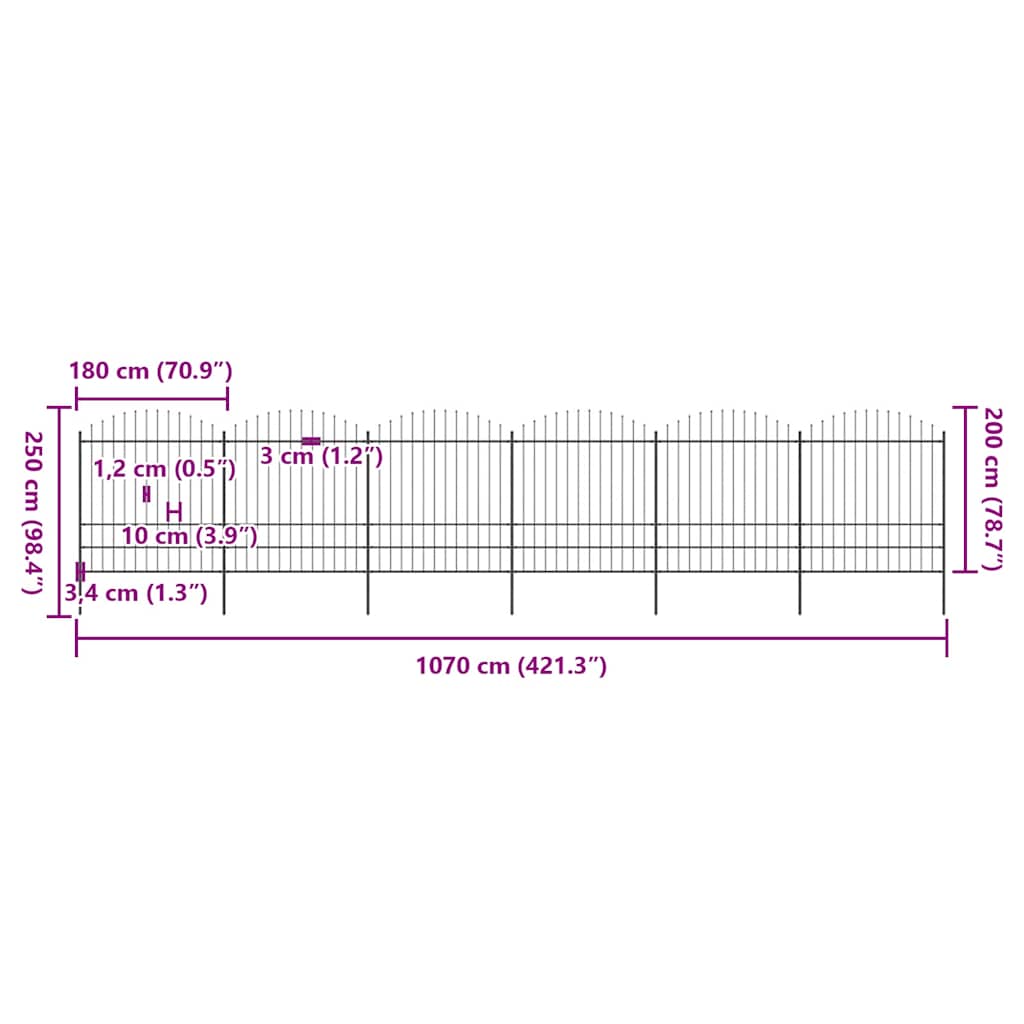 Hagegjerde med spydtopp stål 1070x200 cm svart
