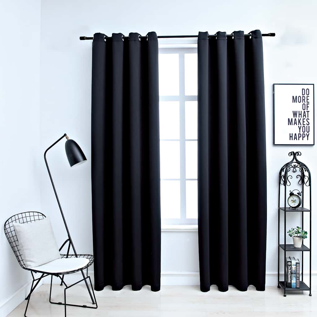 Lystette gardiner med metallringer 2 stk svart 140x175 cm