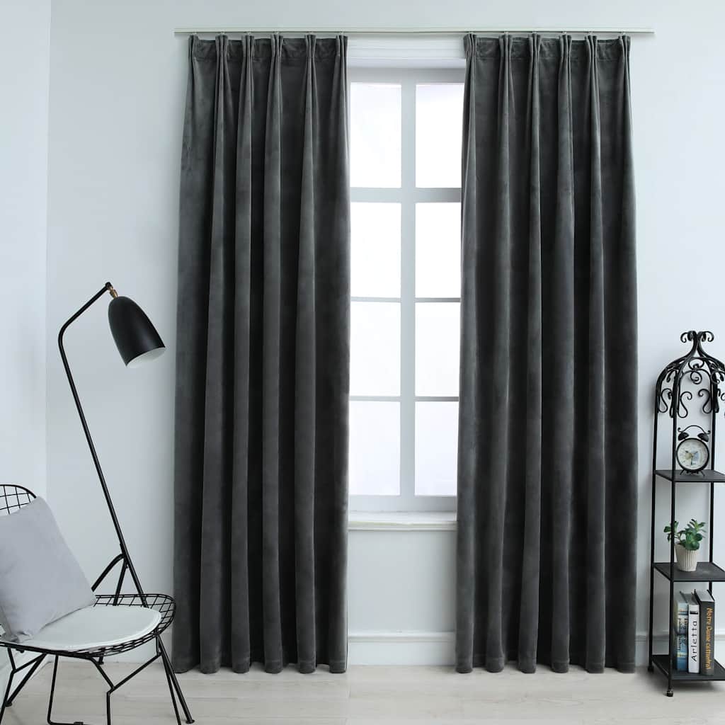 Lystette gardiner med kroker 2 stk fløyel antrasitt 140x225 cm
