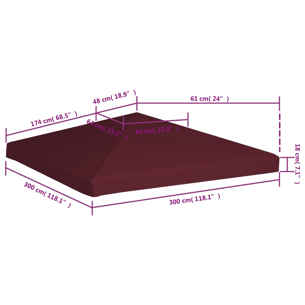 Toppduk til paviljong 310 g/m² 3x3 m vinrød