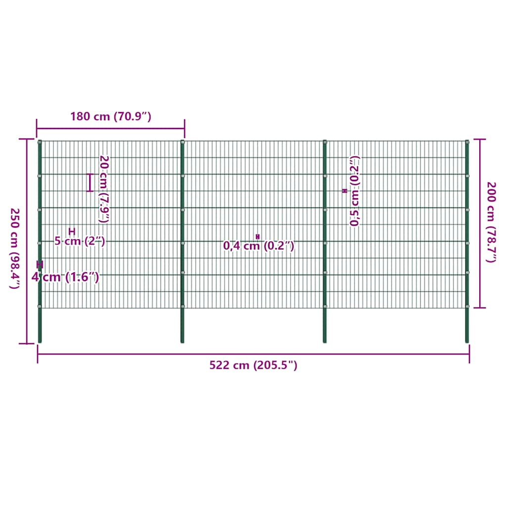 Gjerdepanel med stolper jern 522x200 cm grønn