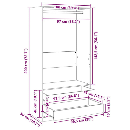 Garderobe hvit 100x50x200 cm konstruert tre
