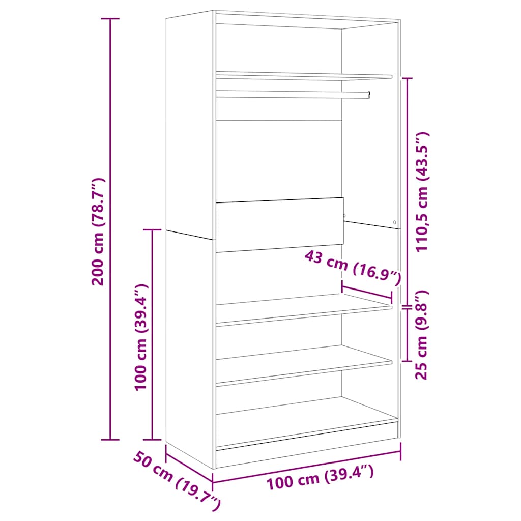 Garderobe svart 100x50x200 cm konstruert tre