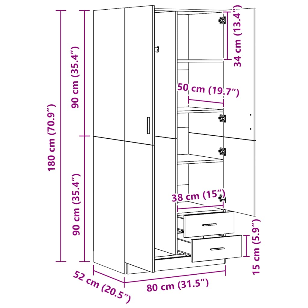 Garderobe sonoma eik 80x52x180 cm konstruert tre