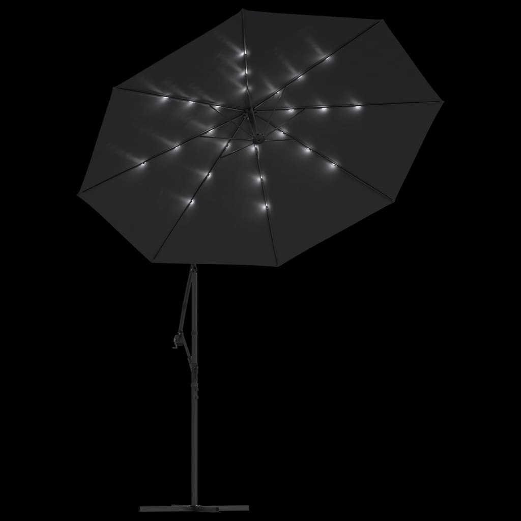 Hengende hageparasoll med LED-lys og stålstang 300 cm svart vidaXL
