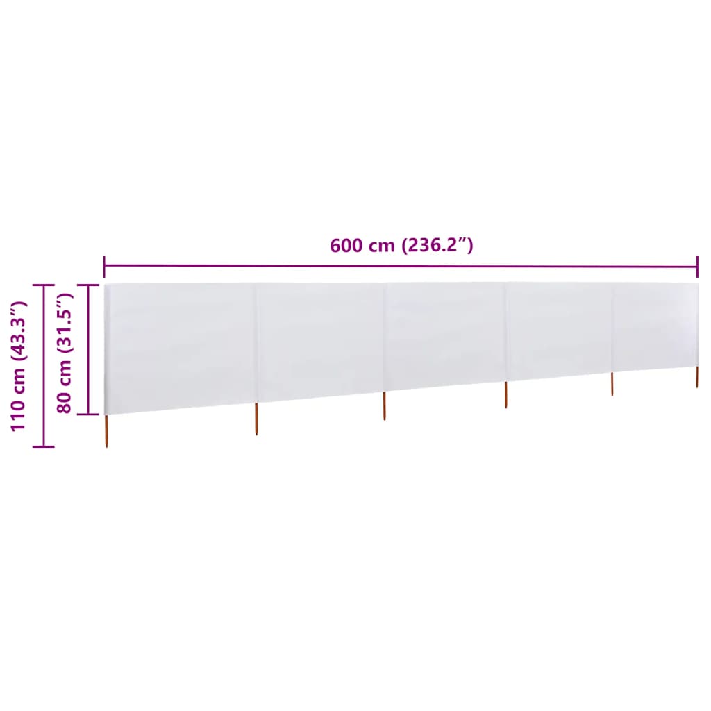 Vindskjerm 5 paneler stoff 600x80 cm sandhvit vidaXL