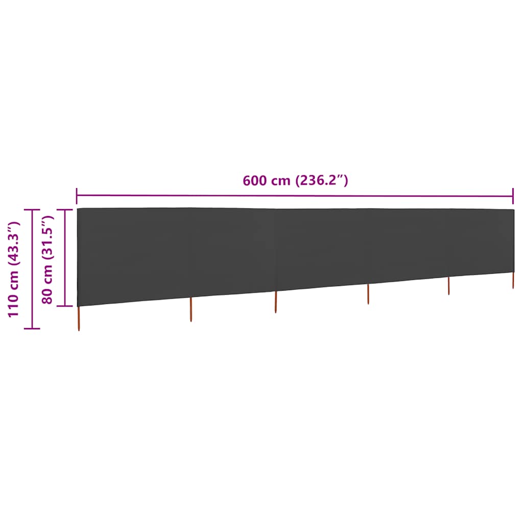 Vindskjerm 5 paneler stoff 600x80 cm antrasitt vidaXL