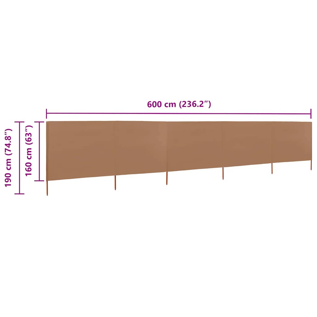 Vindskjerm 5 paneler stoff 600x160 cm gråbrun