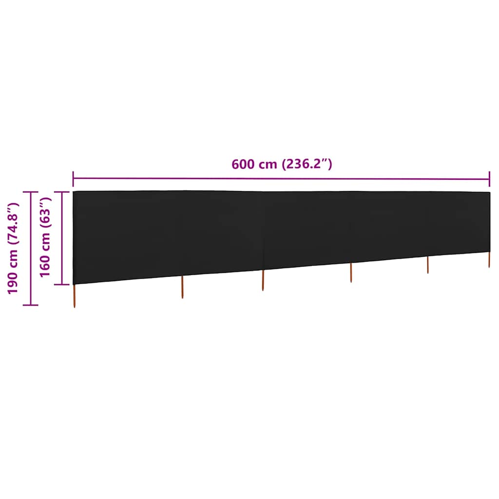 Vindskjerm 5 paneler stoff 600x160 cm svart vidaXL